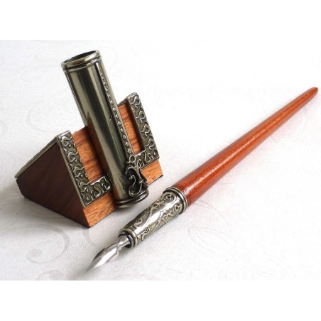 Pluma de caligrafía de madera, tintero y portaplumas