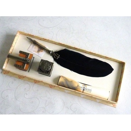 Bortoletti Corona Black Feather Quill Dip Pen Inkwell og Pen Holder