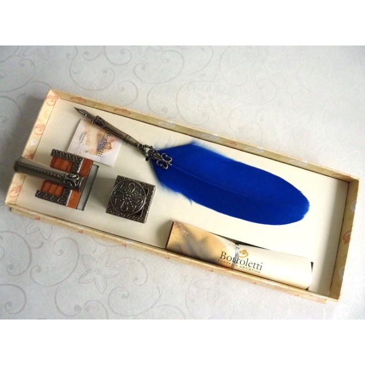 Bortoletti Corona Blue Feather Quill Dip Pen Inkwell och Pen Holder