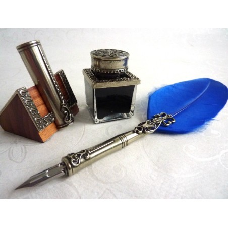 Bortoletti Blå Feather Quill Dip Pen Inkwell & Pen Holder