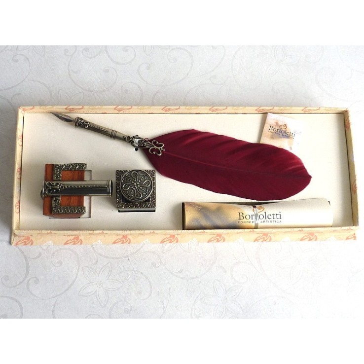 Bortoletti Corona Burgundy Feather QUILL DIP Pen Inkwell ja kynän pidike