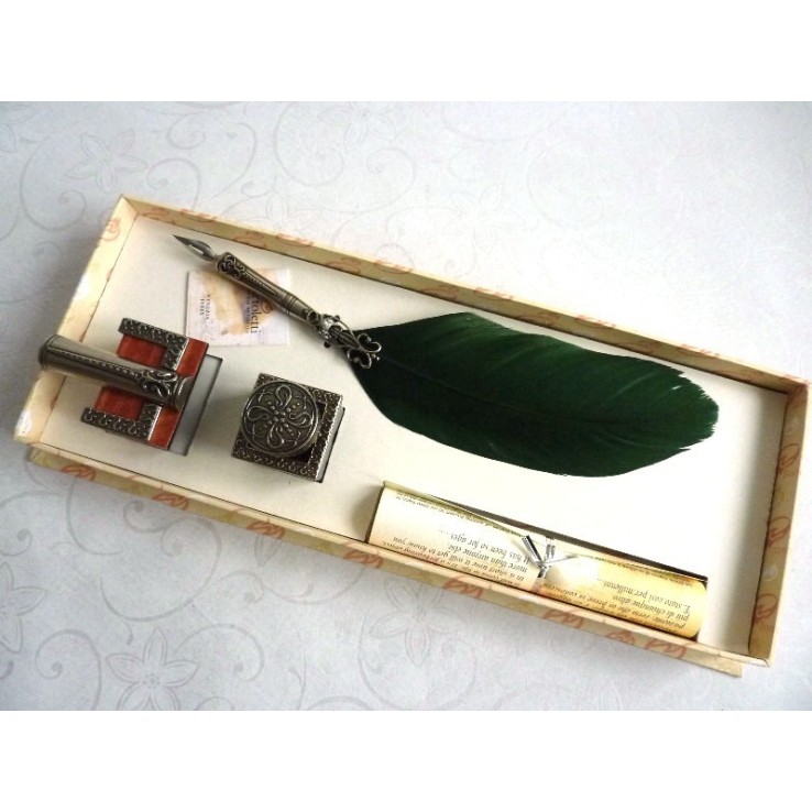 Bortoletti Corona Green Feather Quill Dip Pen Inkwell en Penhouder