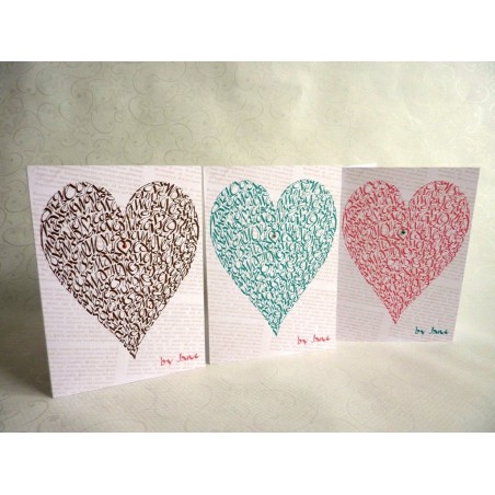 Håndlavet Valentins kort med kærlighed citater og hjerte design i tre farver