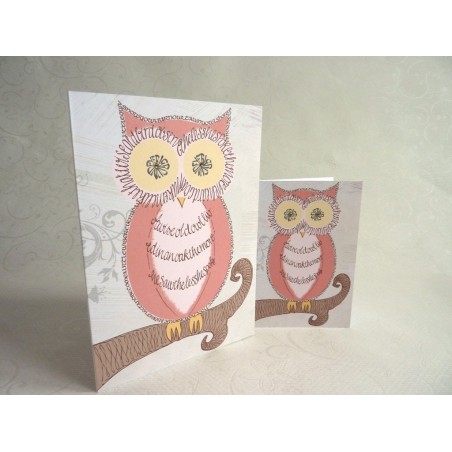 Calligraphic wise owl card with sparkling eyes