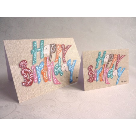 Carte de calligraphie joyeuse anniversaire multicolore par Jane Lappage