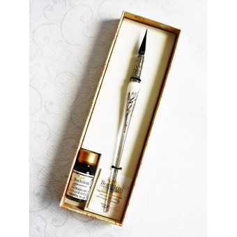 Zilveren blad glas pen met glas penpunt