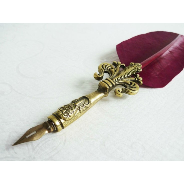 Burgundy feather calligraphy pen set with black ink