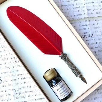 Bortoletti Ca’ d’Oro red feather quill pen and ink set