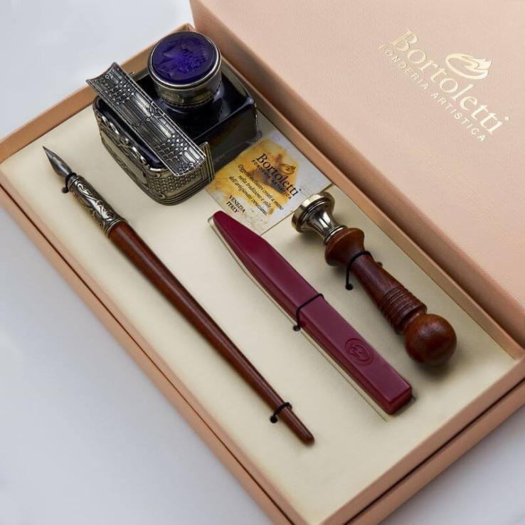 Bortoletti Sospiri wooden pen and wax seal set with bronze inkwell