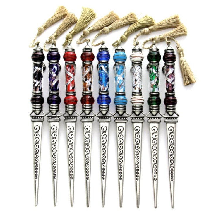 Different colours of Italian bronze letter opener with Murano glass beads by Bortoletti