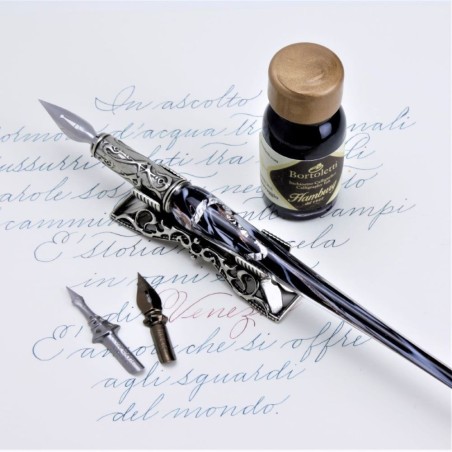 Black Murano glass Renier calligraphy pen with silver leaf
