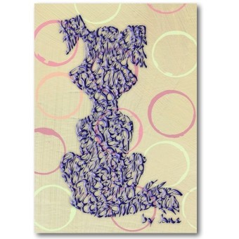 Perro de dibujos animados púrpura en la tarjeta de círculos Calligraphy Arts