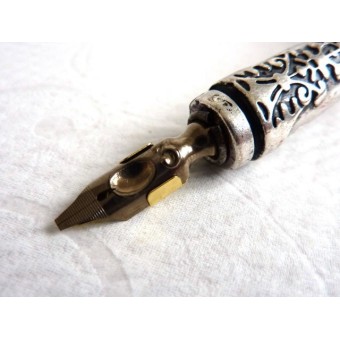 Close-up of Manuscript round hand nib with brass ink reservoir 2