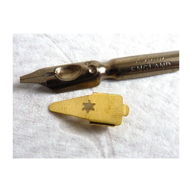 Close-up of Manuscript round hand nib with brass ink reservoir