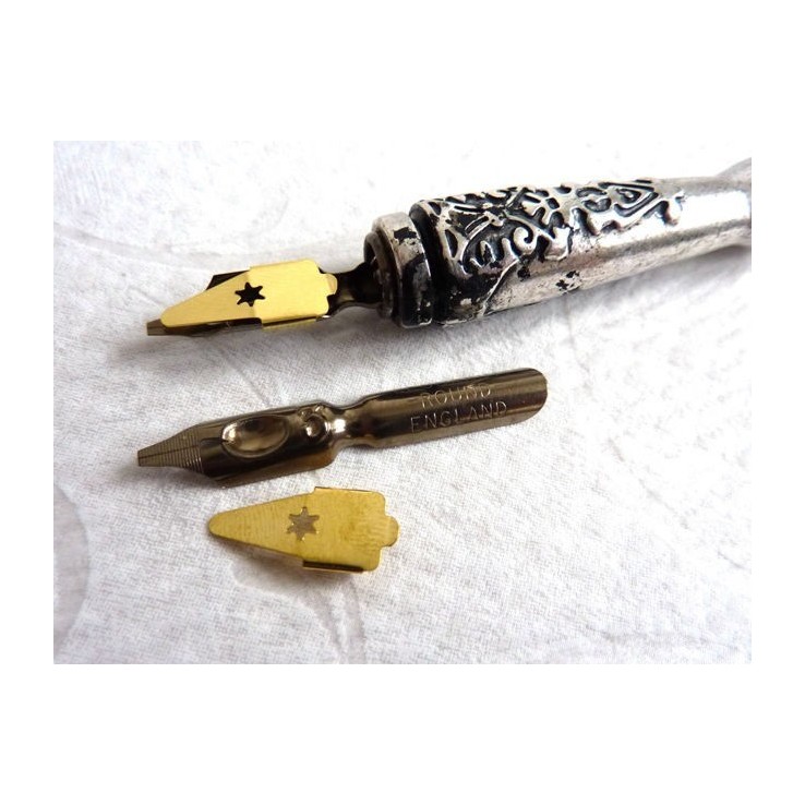 Round hand dip pen nib and reservoir for beginner calligraphy