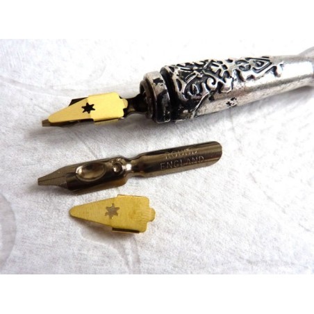 Round hand dip pen nib and reservoir for beginner calligraphy