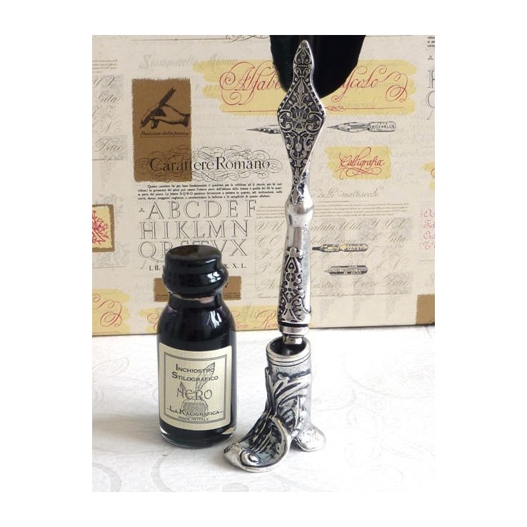 Italian black feather writing set with ink bottle