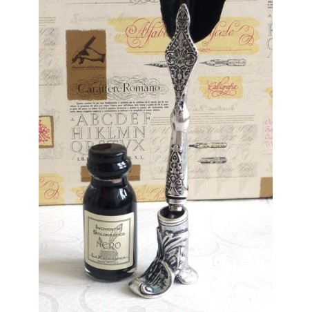 Italian black feather writing set with ink bottle