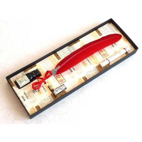 La Kaligrafica red feather pen set with boot holder and ink