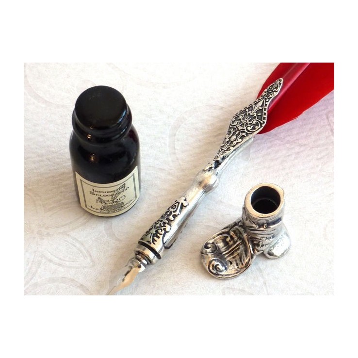 Red goose feather quill with pewter detail by La Kaligrafica