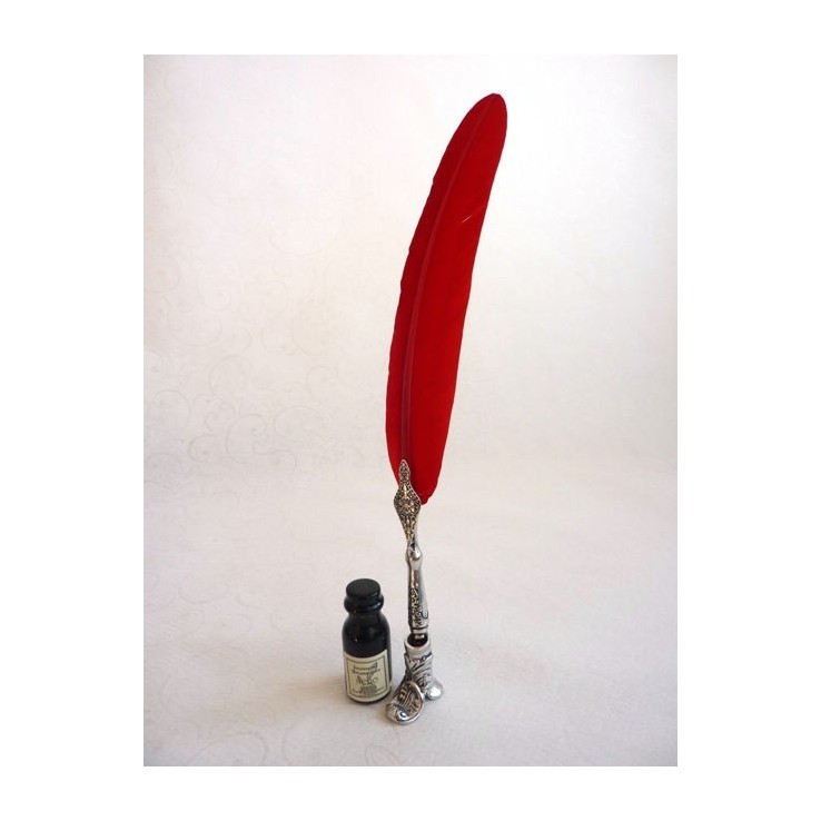 Italian red feather writing set with black ink bottle