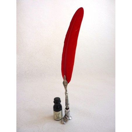 Italian red feather writing set with black ink bottle